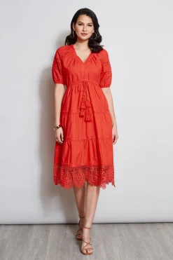 Elie Tahari Dresses & Jumpsuits|Short Sleeve Dresses-Embroidered Short Sleeve Dress CAYENNE