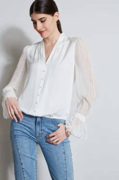 Elie Tahari Tops & Sweaters-Embroidered Sleeve Blouson Shirt FRESHPEARL