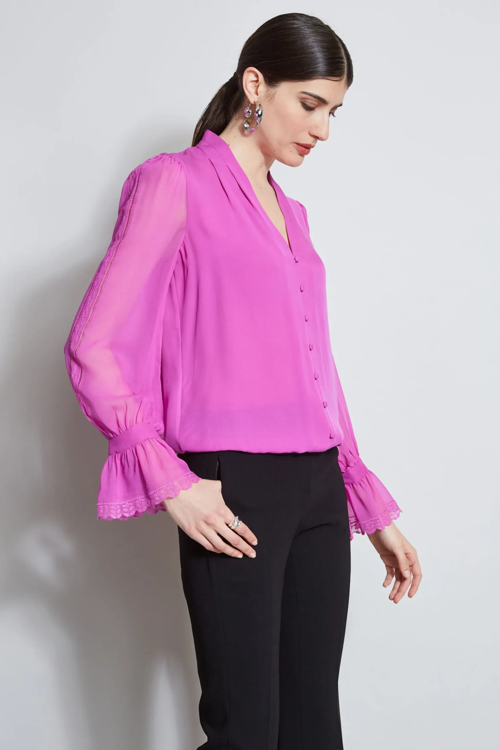 Elie Tahari Tops & Sweaters-Embroidered Sleeve Blouson Shirt PEONY