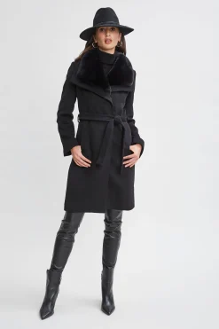 Elie Tahari Coats-Faux Fur Collar Wool Wrap Coat BLACK