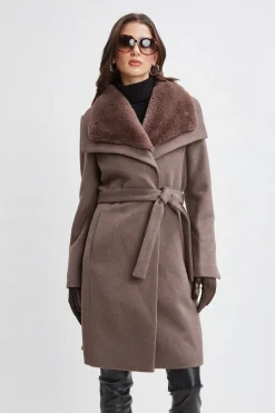 Elie Tahari Coats-Faux Fur Collar Wool Wrap Coat Mink
