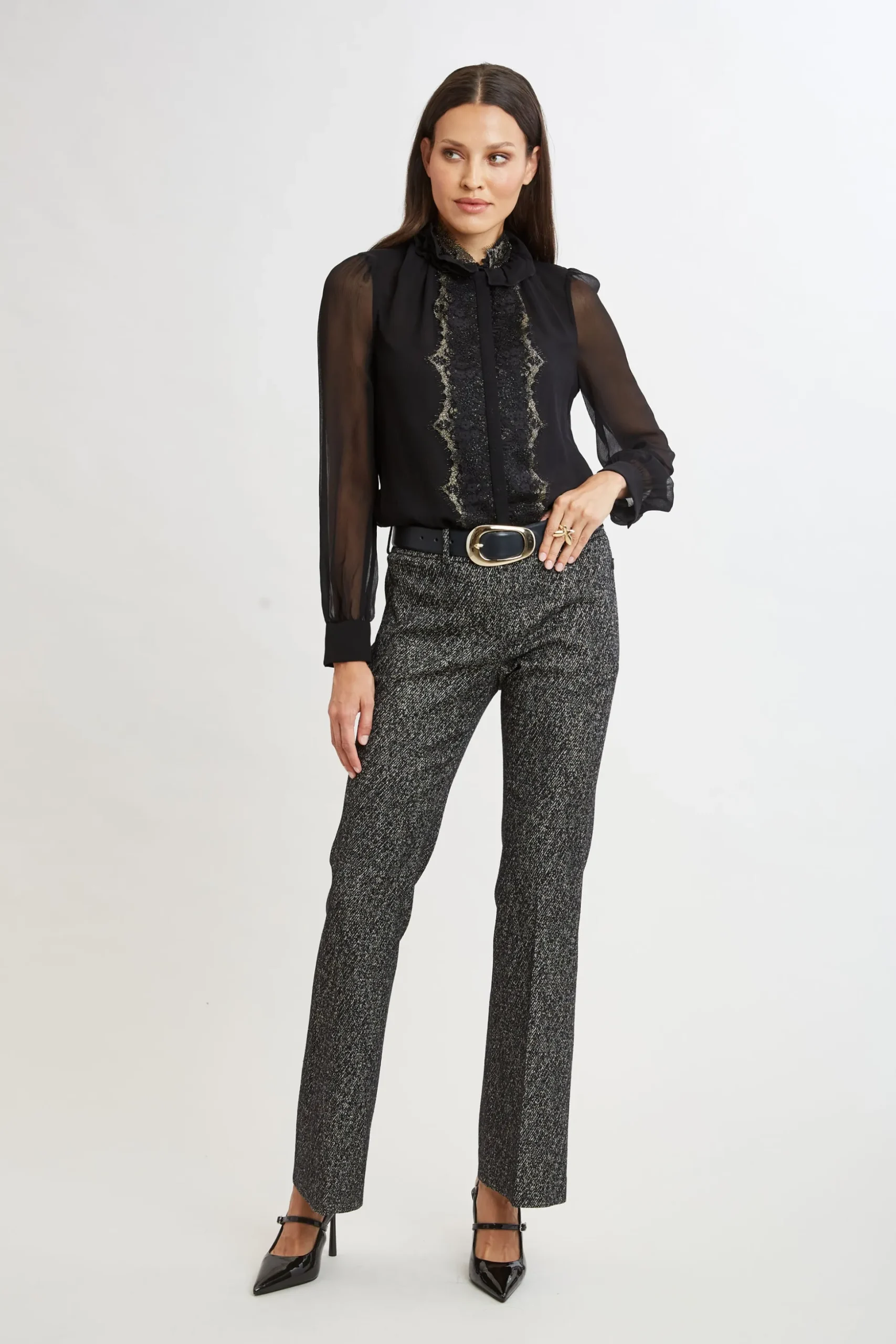 Elie Tahari Bottoms|Suiting-Fit & Flare Metallic Tweed Pant BLACKMULTI