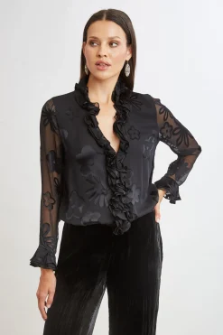 Elie Tahari Tops & Sweaters-Floral Satin Burnout Blouson Shirt BLACK
