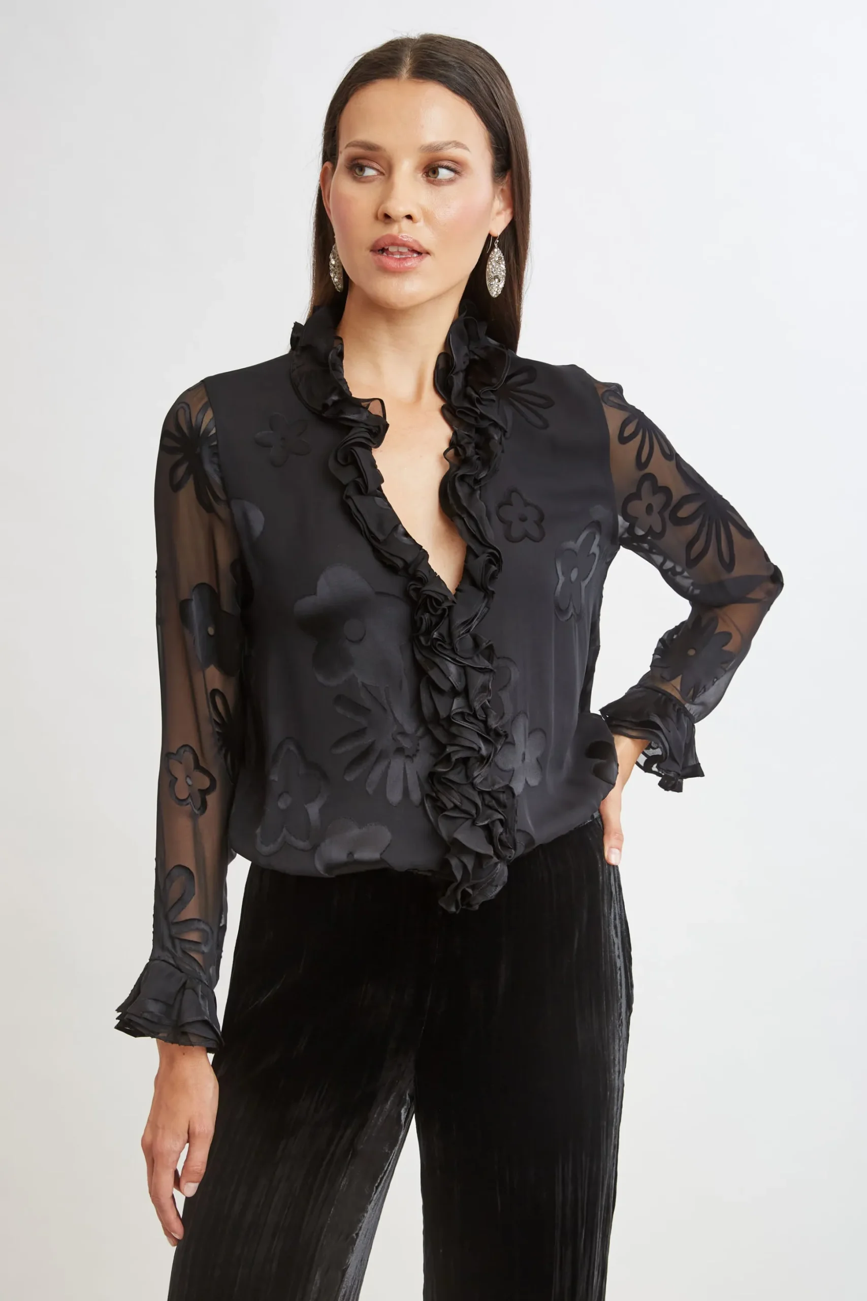 Elie Tahari Tops & Sweaters-Floral Satin Burnout Blouson Shirt BLACK