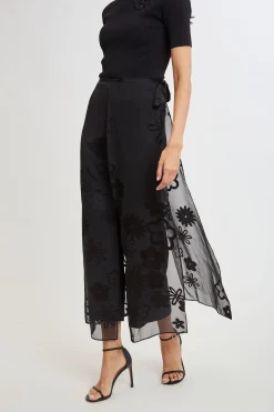Elie Tahari Bottoms-Floral Satin Burnout Overlay Pant BLACK