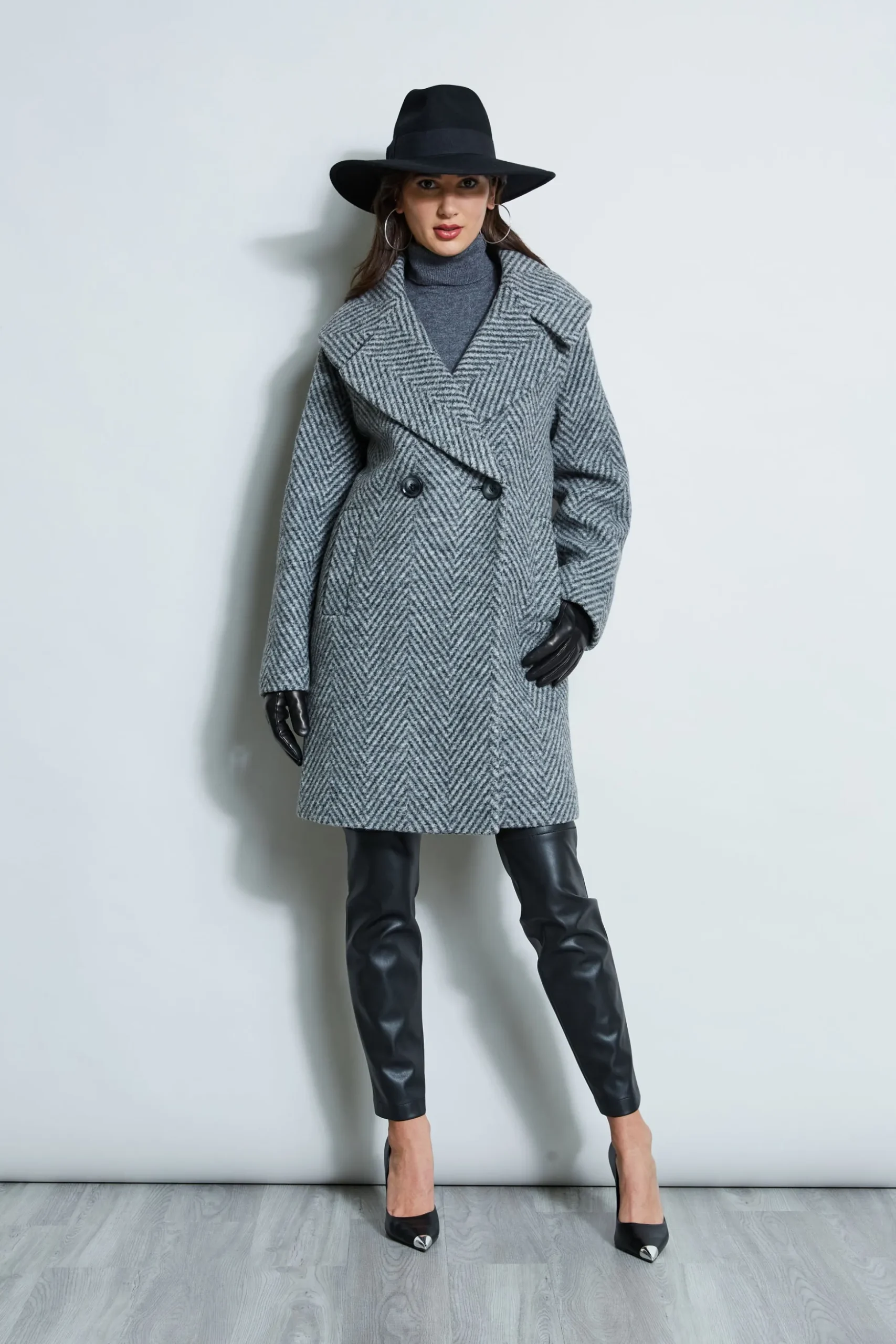 Elie Tahari Coats-Herringbone Brushed Double Breasted Coat BLACKMULTI