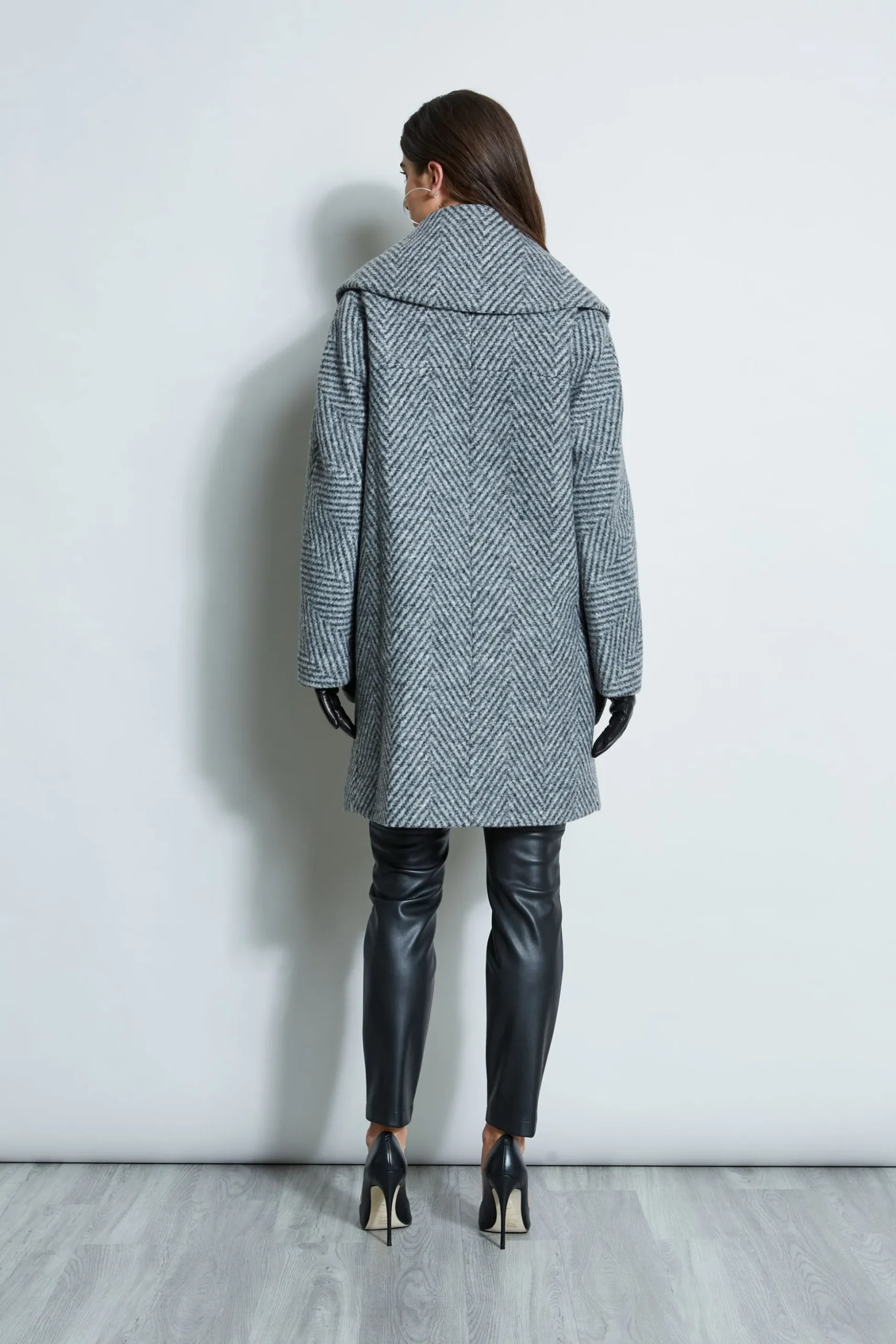 Elie Tahari Coats-Herringbone Brushed Double Breasted Coat BLACKMULTI