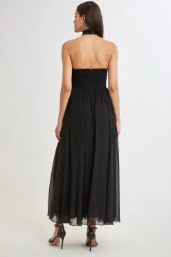 Elie Tahari Dresses & Jumpsuits|Sleeveless Dresses-Lace Applique Chiffon Halter Gown BLACK