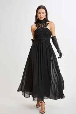 Elie Tahari Dresses & Jumpsuits|Sleeveless Dresses-Lace Applique Chiffon Halter Gown BLACK
