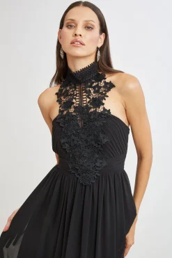 Elie Tahari Dresses & Jumpsuits|Sleeveless Dresses-Lace Applique Chiffon Halter Gown BLACK