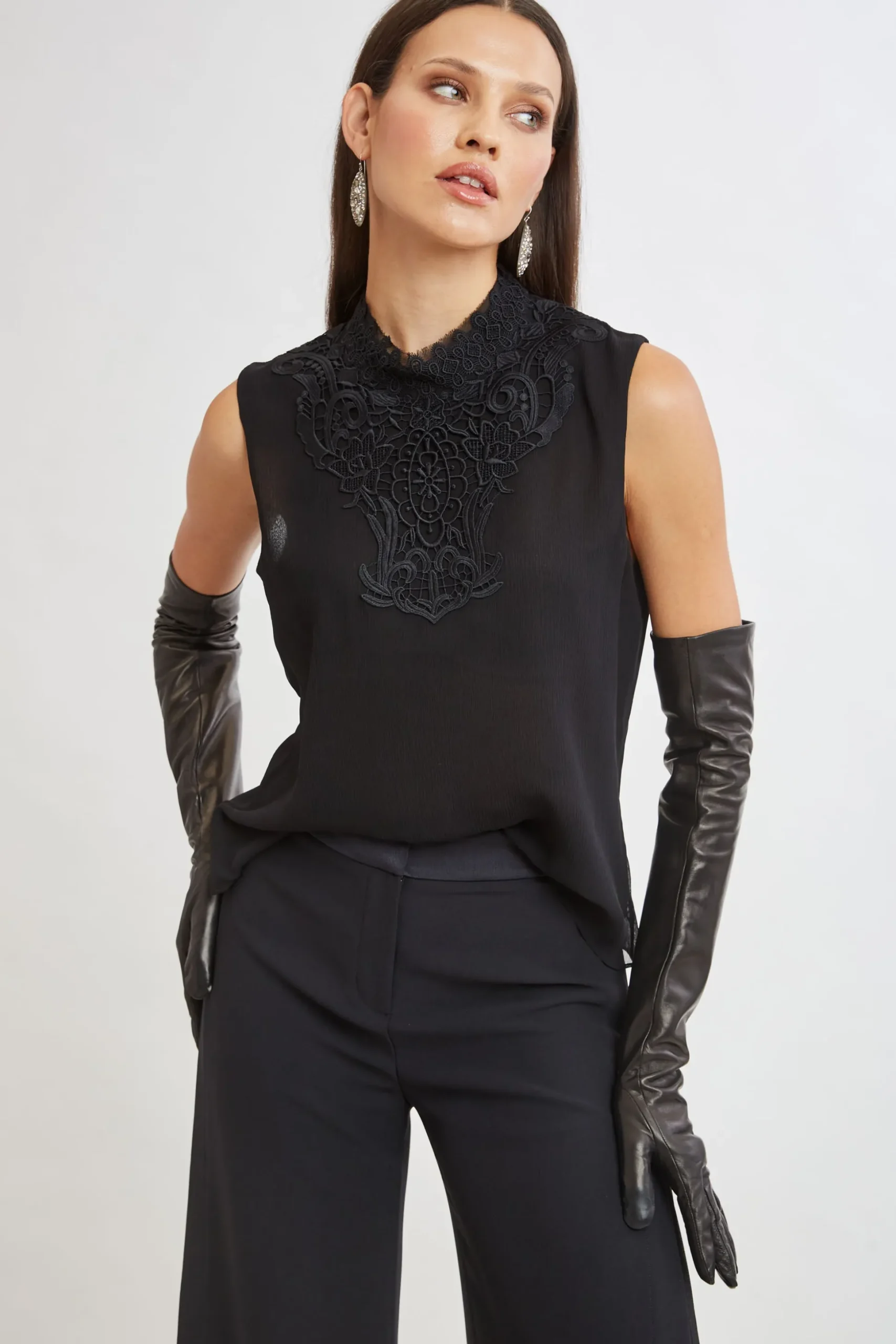 Elie Tahari Tops & Sweaters-Lace Insert Crinkle Silk Chiffon Shirt BLACK