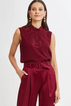 Elie Tahari Tops & Sweaters-Lace Insert Crinkle Silk Chiffon Shirt SANGRIA