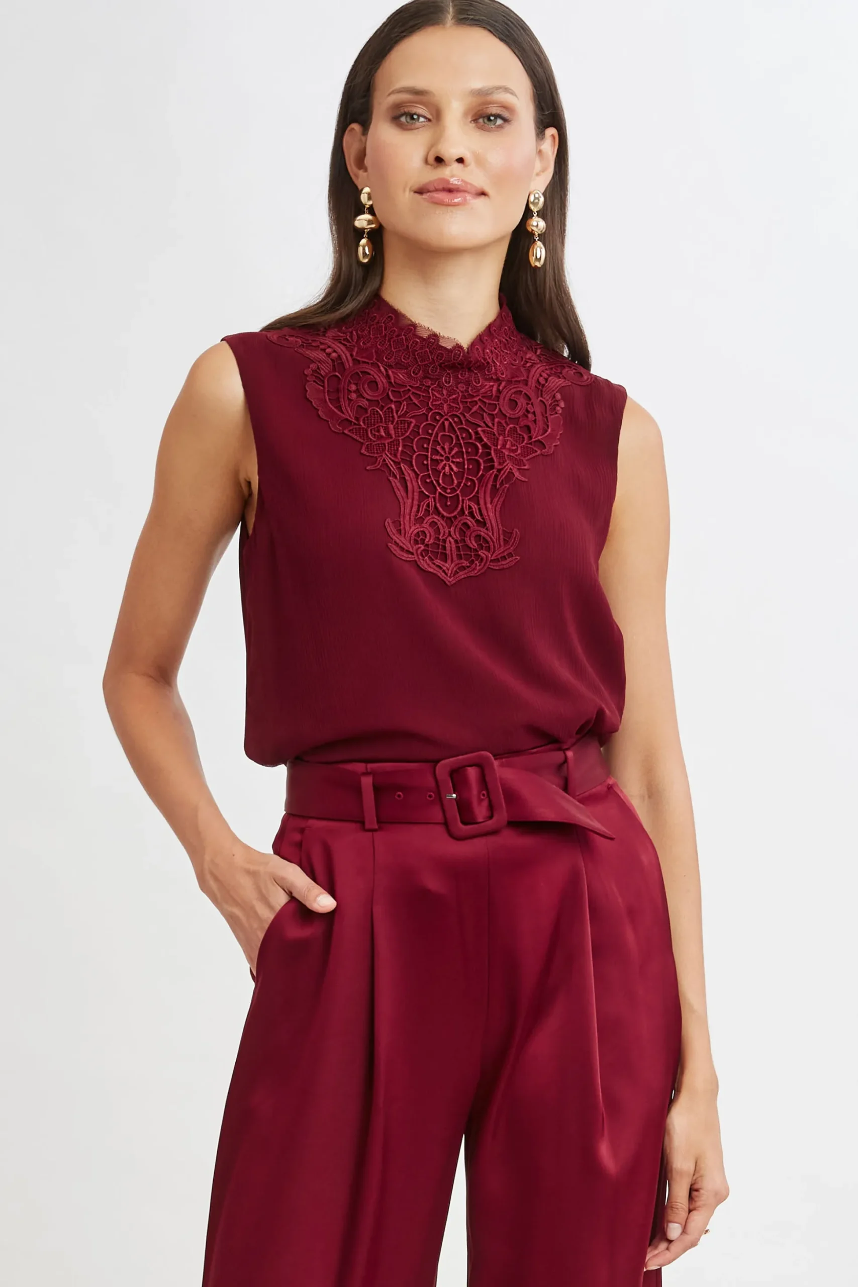 Elie Tahari Tops & Sweaters-Lace Insert Crinkle Silk Chiffon Shirt SANGRIA