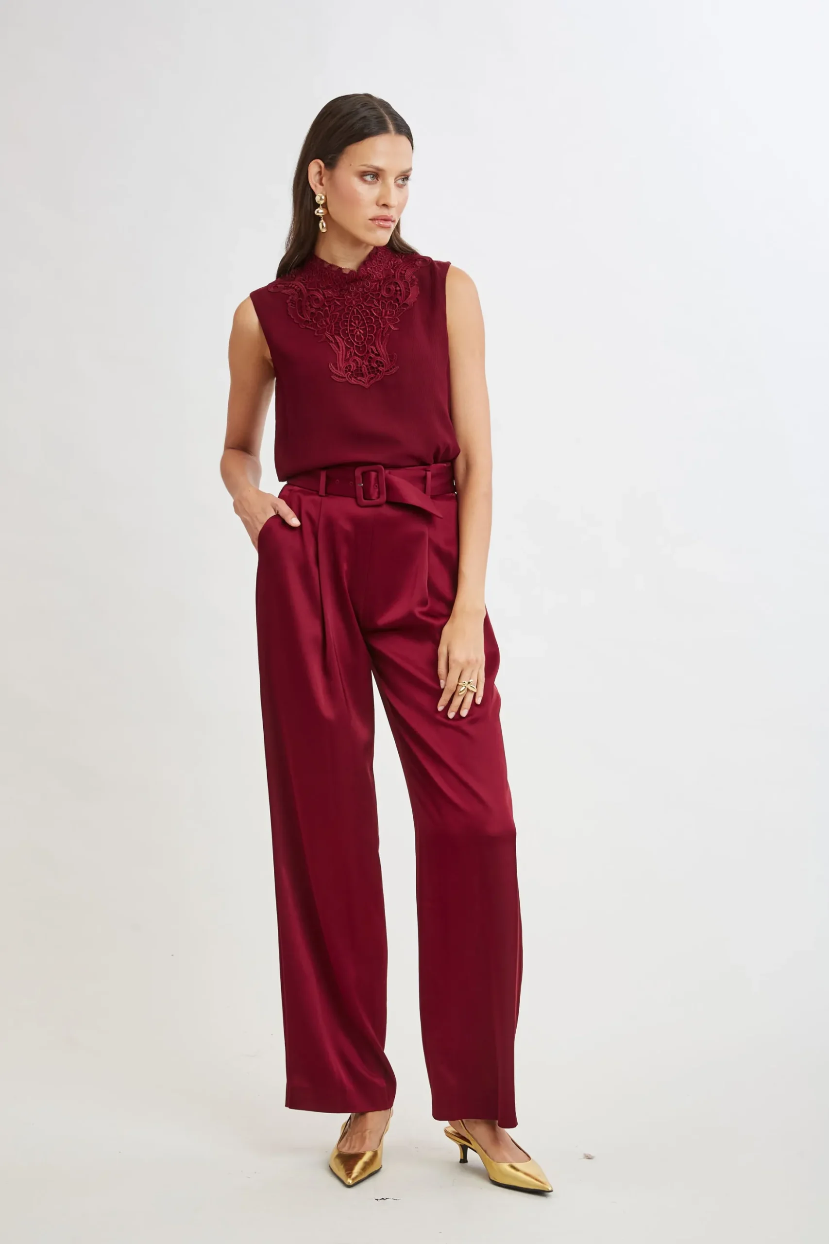 Elie Tahari Tops & Sweaters-Lace Insert Crinkle Silk Chiffon Shirt SANGRIA