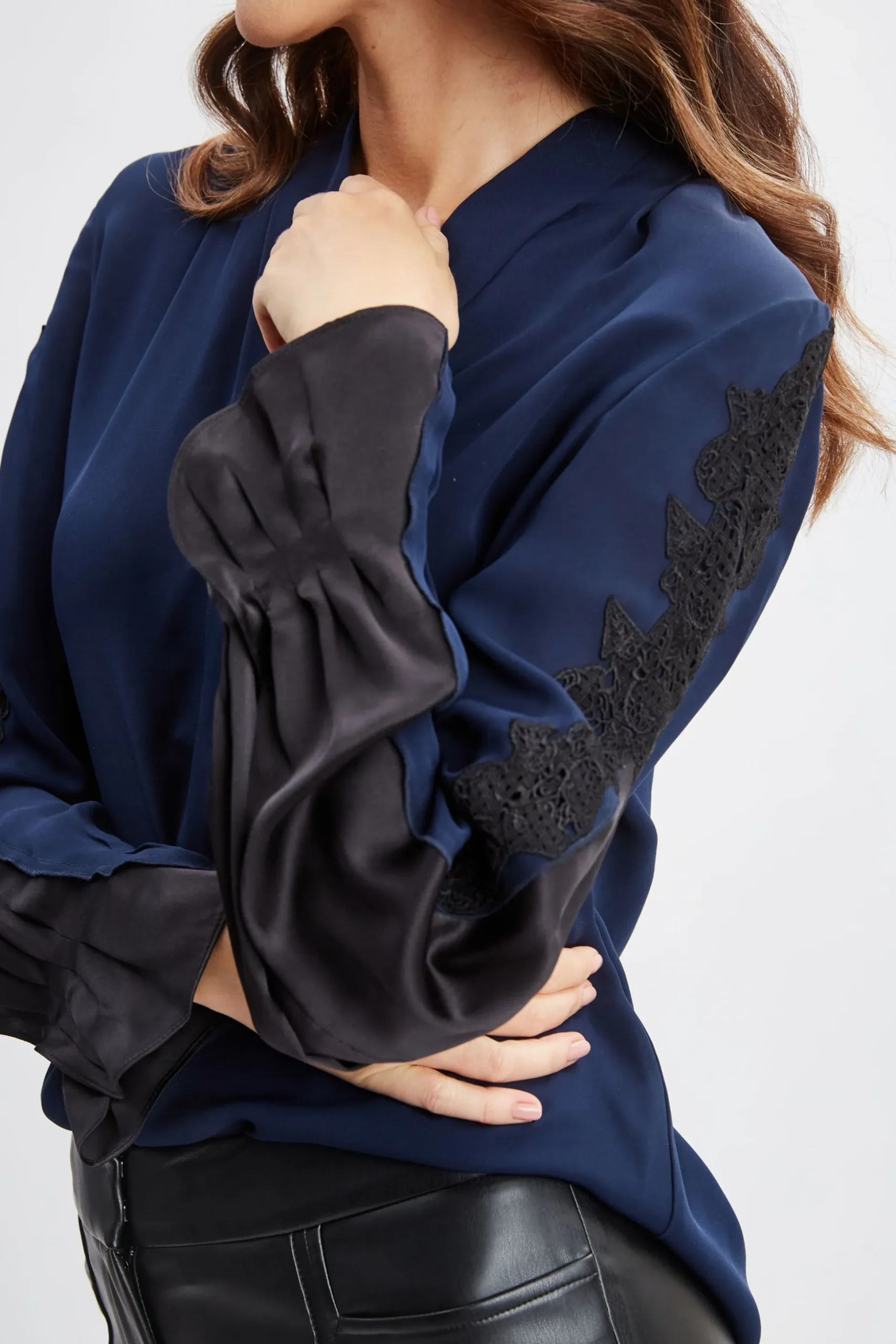 Elie Tahari Tops & Sweaters-Lace Sleeve Silk Shirt MIDNIGHT
