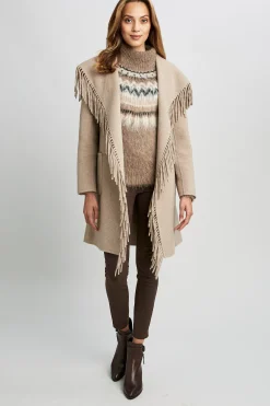Elie Tahari Coats-Long Sleeve Fringe Detail Wrap Coat Oats