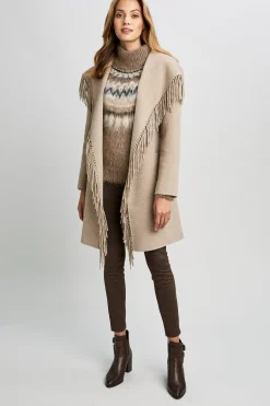 Elie Tahari Coats-Long Sleeve Fringe Detail Wrap Coat Oats