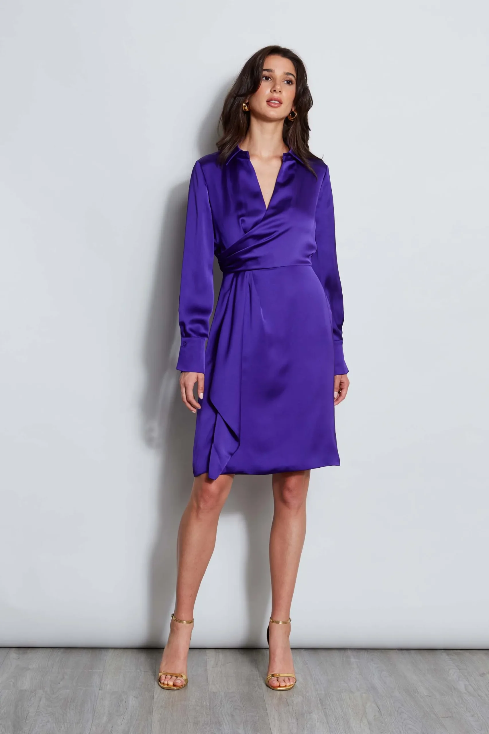 Elie Tahari Dresses & Jumpsuits|Long Sleeve Dresses-Long Sleeve Satin Wrap Dress GRAPE