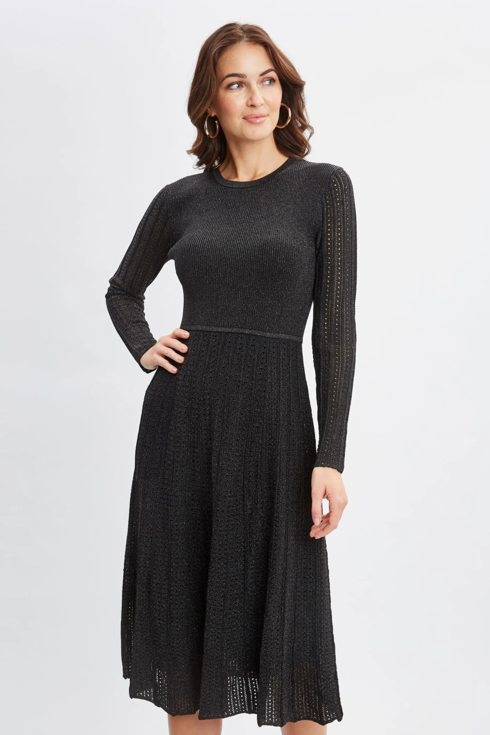 Elie Tahari Dresses & Jumpsuits-Lurex Flare Sweater Dress NOIRWITHGUNMETALLUREX