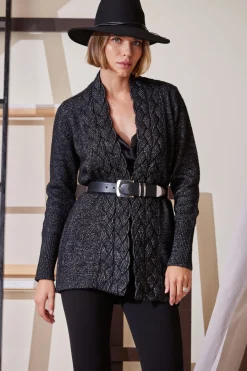 Elie Tahari Tops & Sweaters-Metallic Cable Cardigan Black-Silver