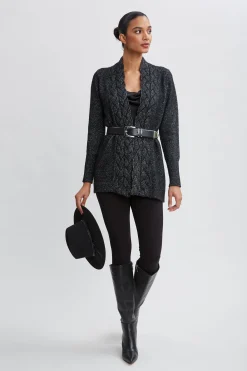 Elie Tahari Tops & Sweaters-Metallic Cable Cardigan Black-Silver