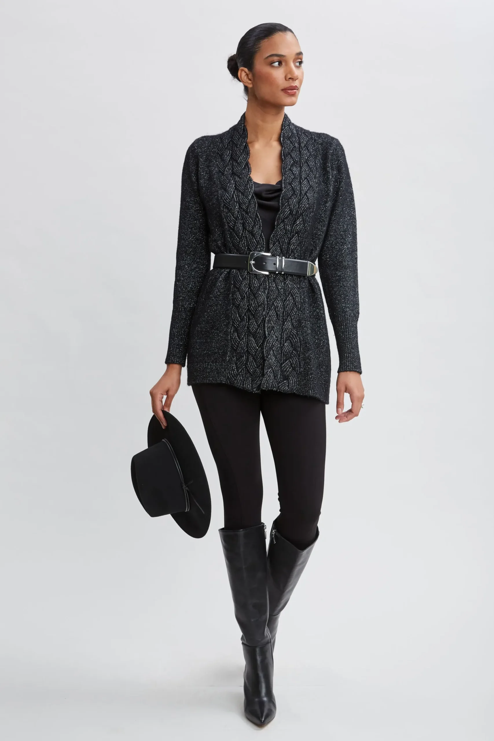 Elie Tahari Tops & Sweaters-Metallic Cable Cardigan Black-Silver