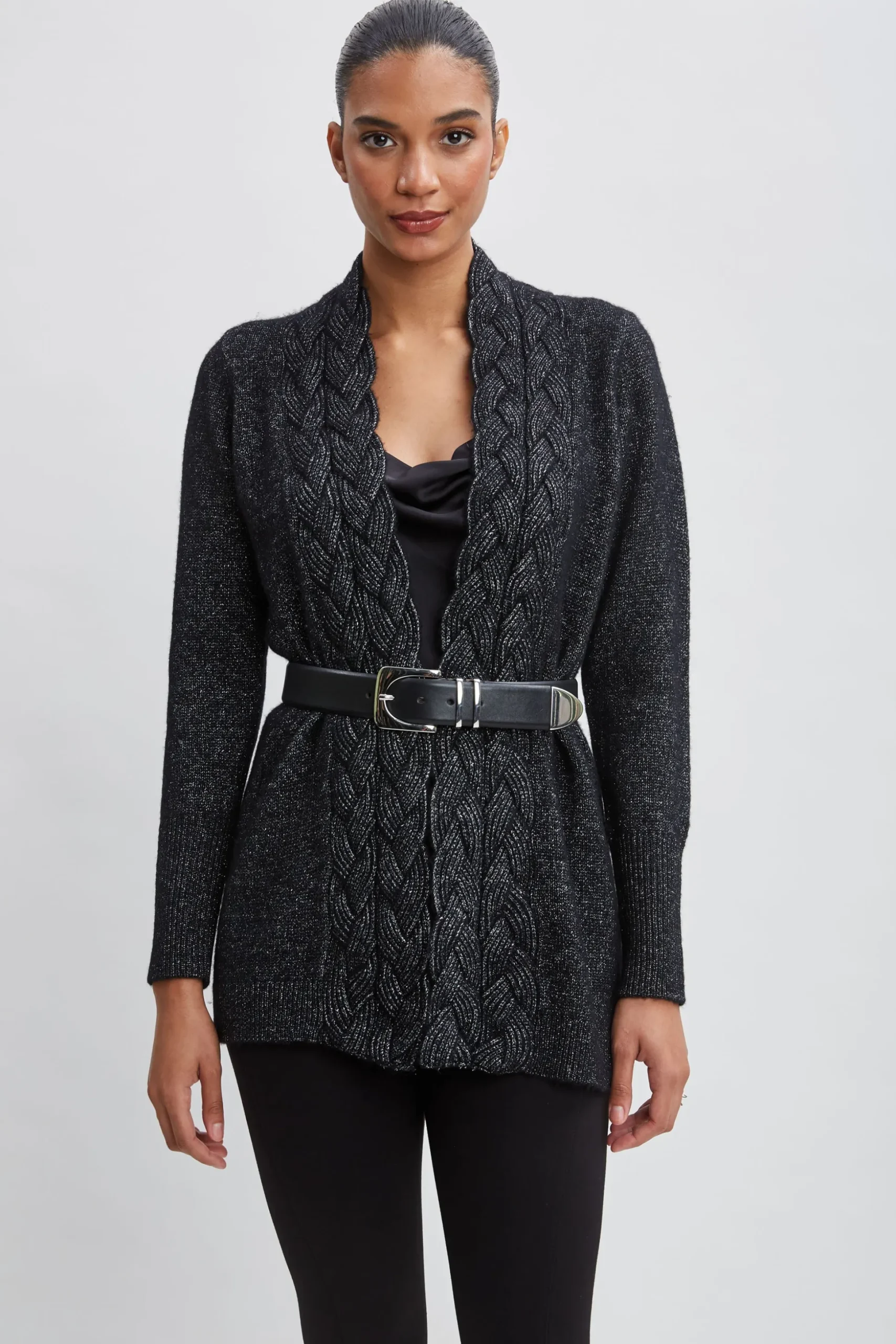 Elie Tahari Tops & Sweaters-Metallic Cable Cardigan Black-Silver