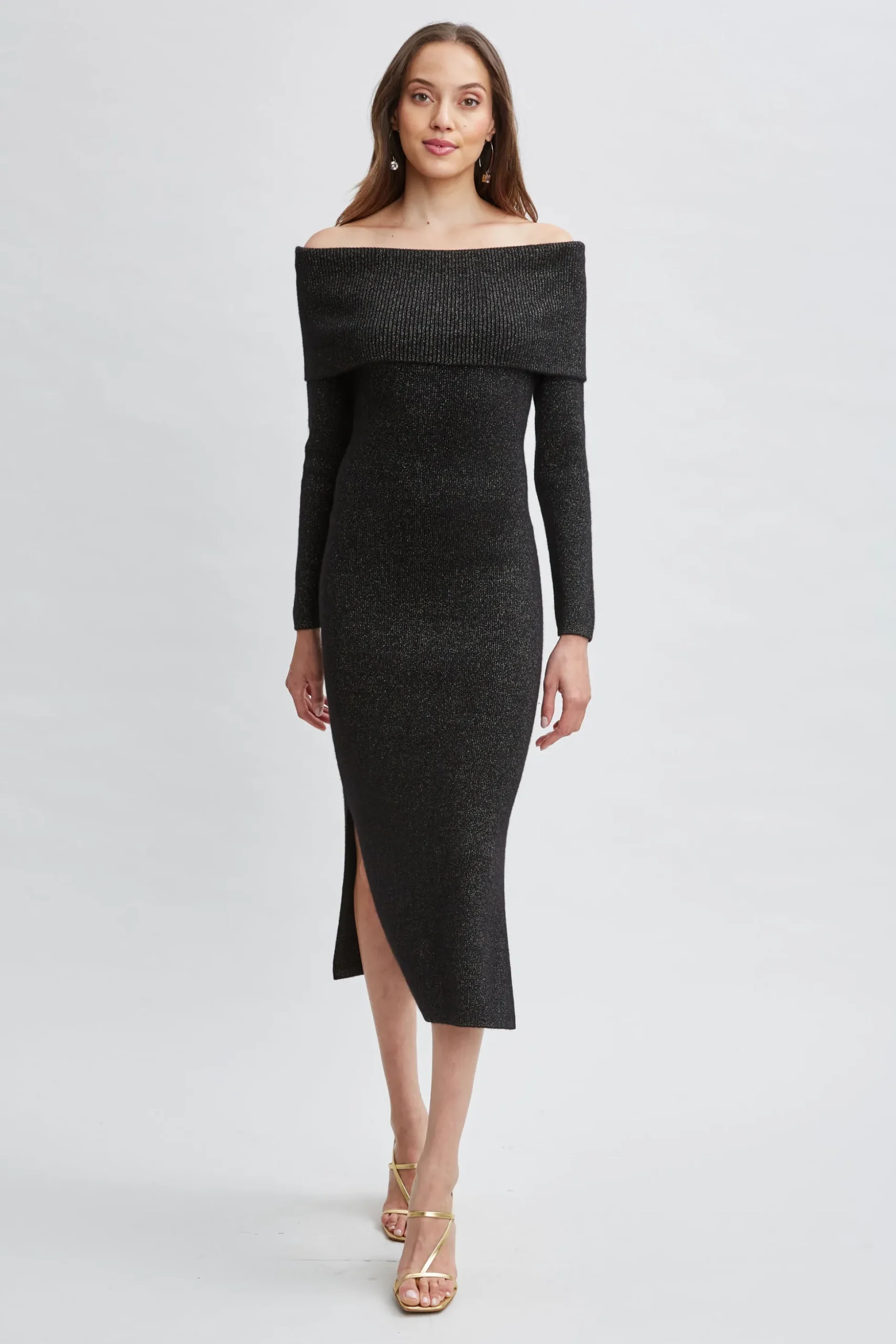 Elie Tahari Dresses & Jumpsuits-Metallic Cashmere Off Shoulder Dress NOIRLUREX