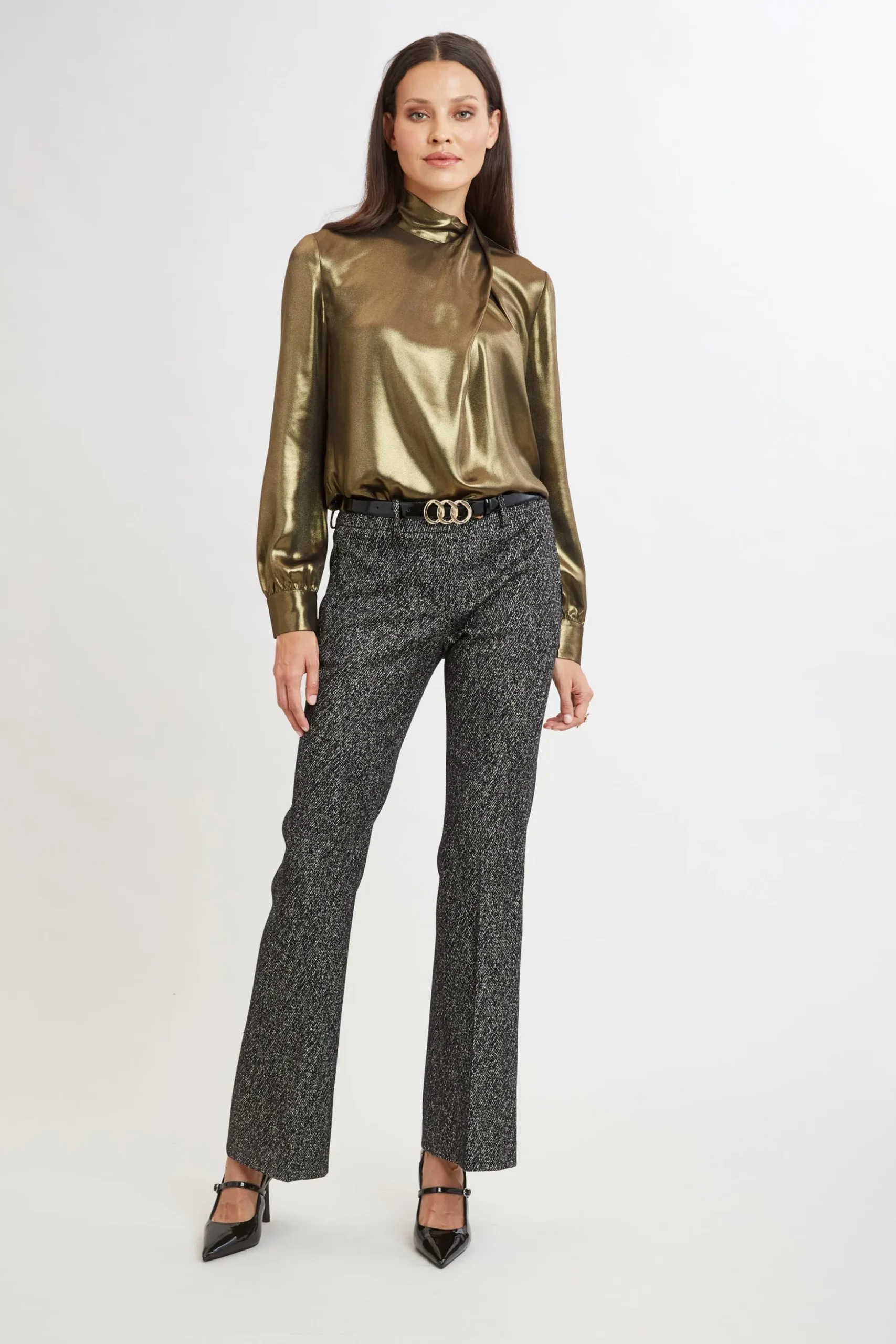Elie Tahari Tops & Sweaters-Metallic Draped Neck Shirt ANTIQUEGOLD