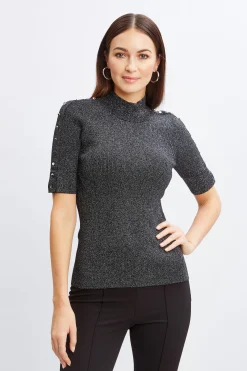 Elie Tahari Tops & Sweaters-Metallic Mock Neck Short Sleeve Sweater NOIRWITHSILVERLUREX