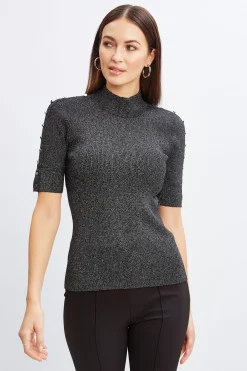 Elie Tahari Tops & Sweaters-Metallic Mock Neck Short Sleeve Sweater NOIRWITHSILVERLUREX