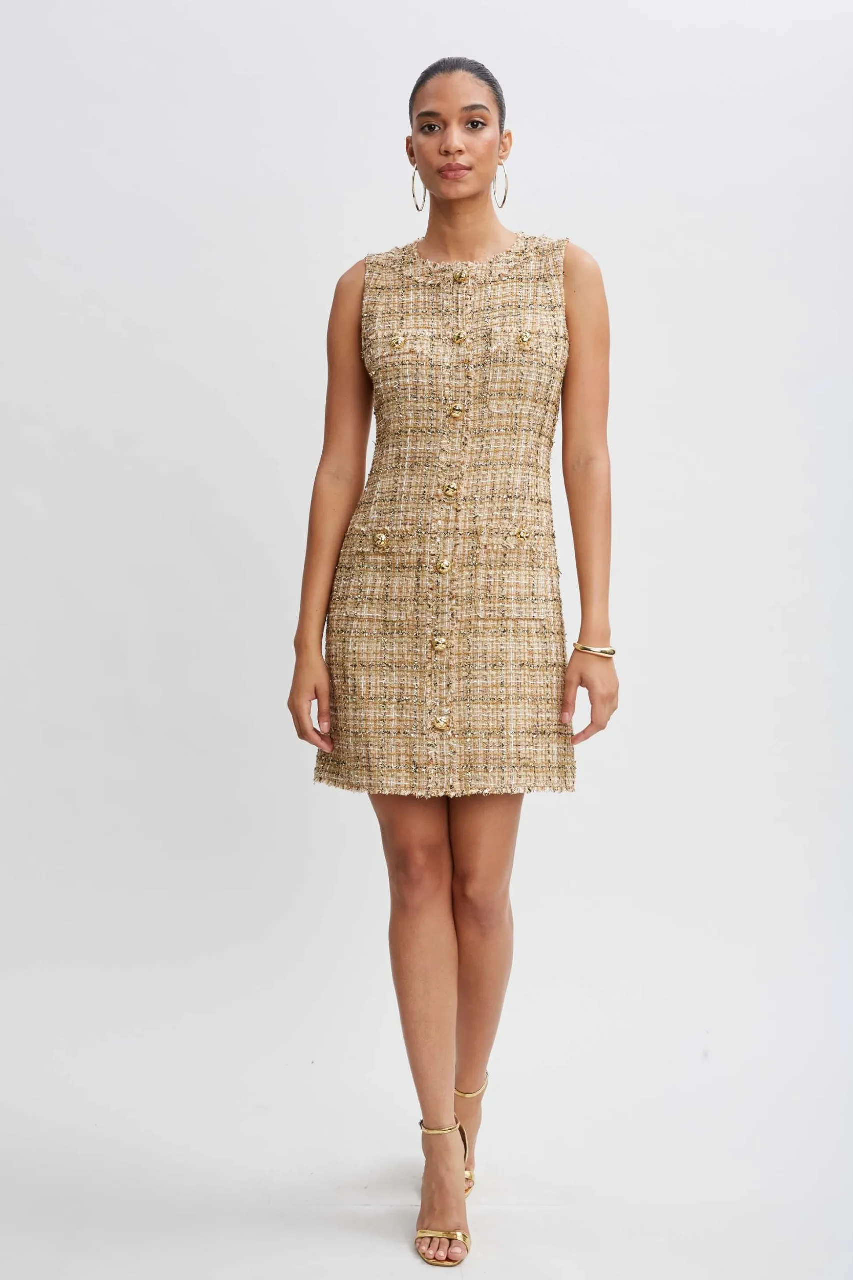 Elie Tahari Short Dresses|Dresses & Jumpsuits-Metallic Tweed Button Dress GOLDMULTI