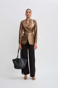 Elie Tahari Jackets & Blazers-Metallic Vegan Leather Belted Blazer BRONZE
