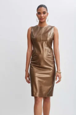 Elie Tahari Dresses & Jumpsuits|Sleeveless Dresses-Metallic Vegan Leather Side Panel Dress BRONZE