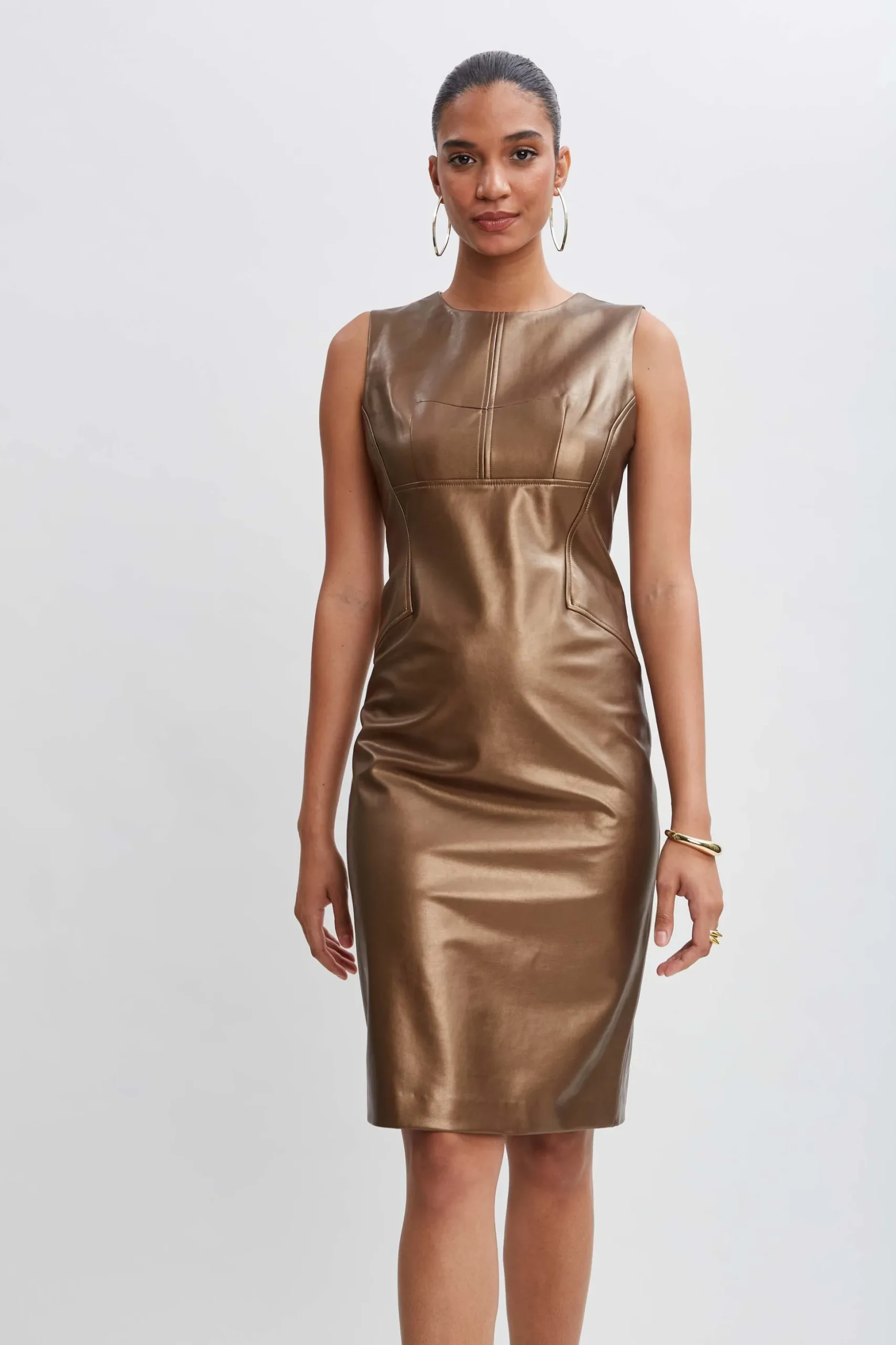 Elie Tahari Dresses & Jumpsuits|Sleeveless Dresses-Metallic Vegan Leather Side Panel Dress BRONZE