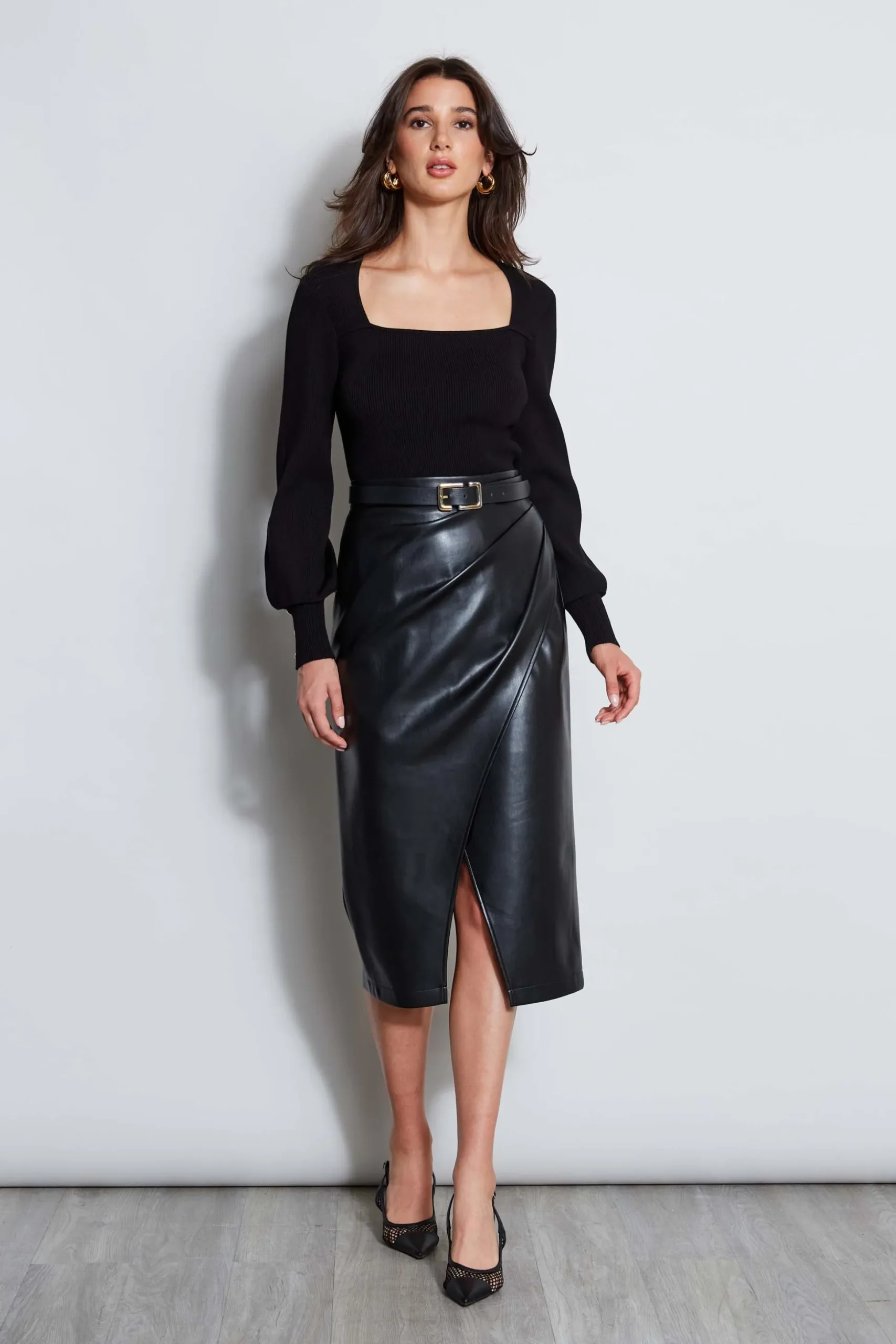 Elie Tahari Bottoms|Suiting-Midi Vegan Leather Wrap Skirt NOIR