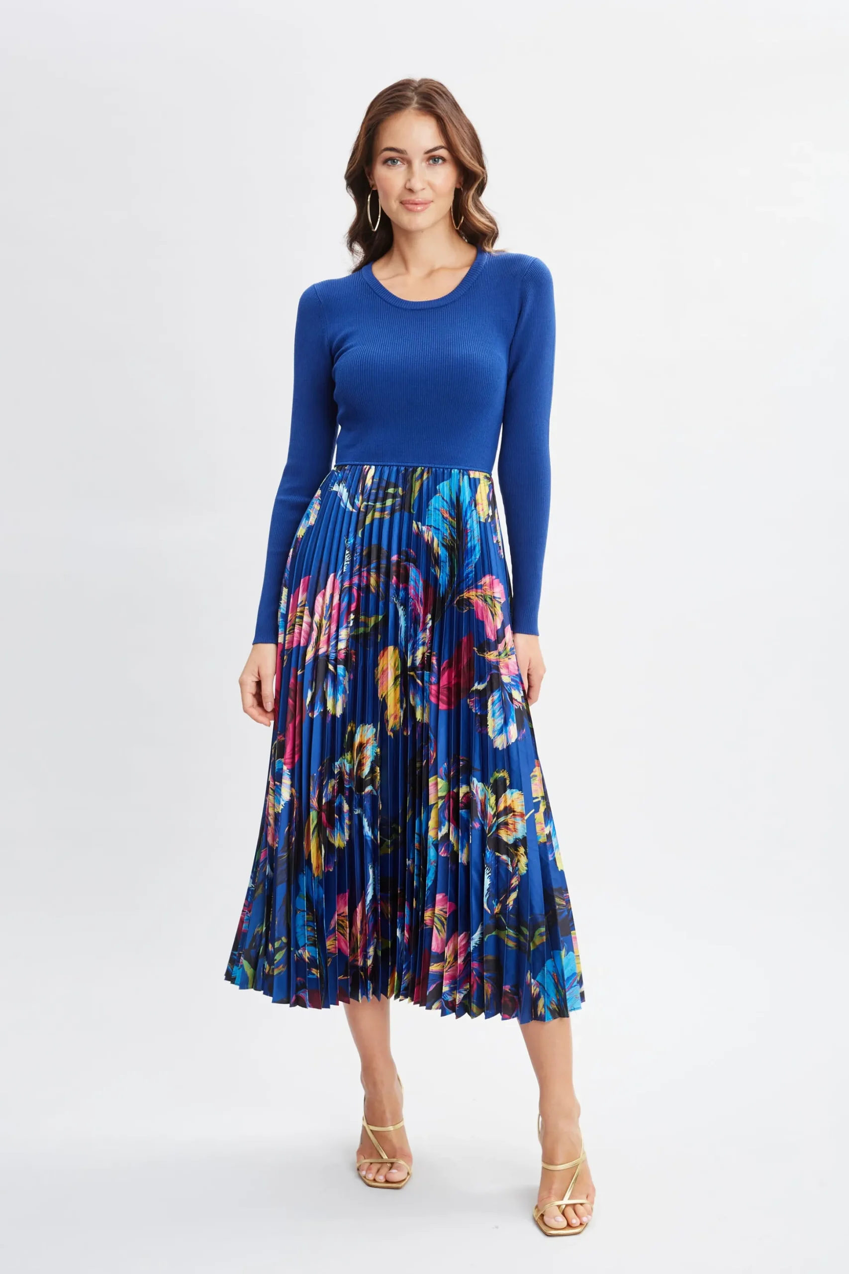 Elie Tahari Dresses & Jumpsuits-Mixed Media Floral Pleated Dress DAPHNEBLUEWDAPHNEGARDEN