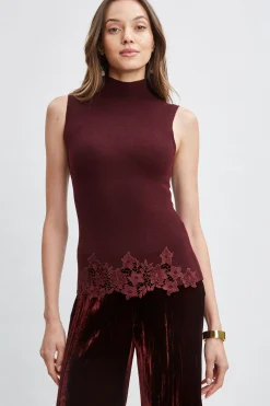 Elie Tahari Tops & Sweaters-Mock Neck Lace Hem Sleeveless Sweater MERLOT