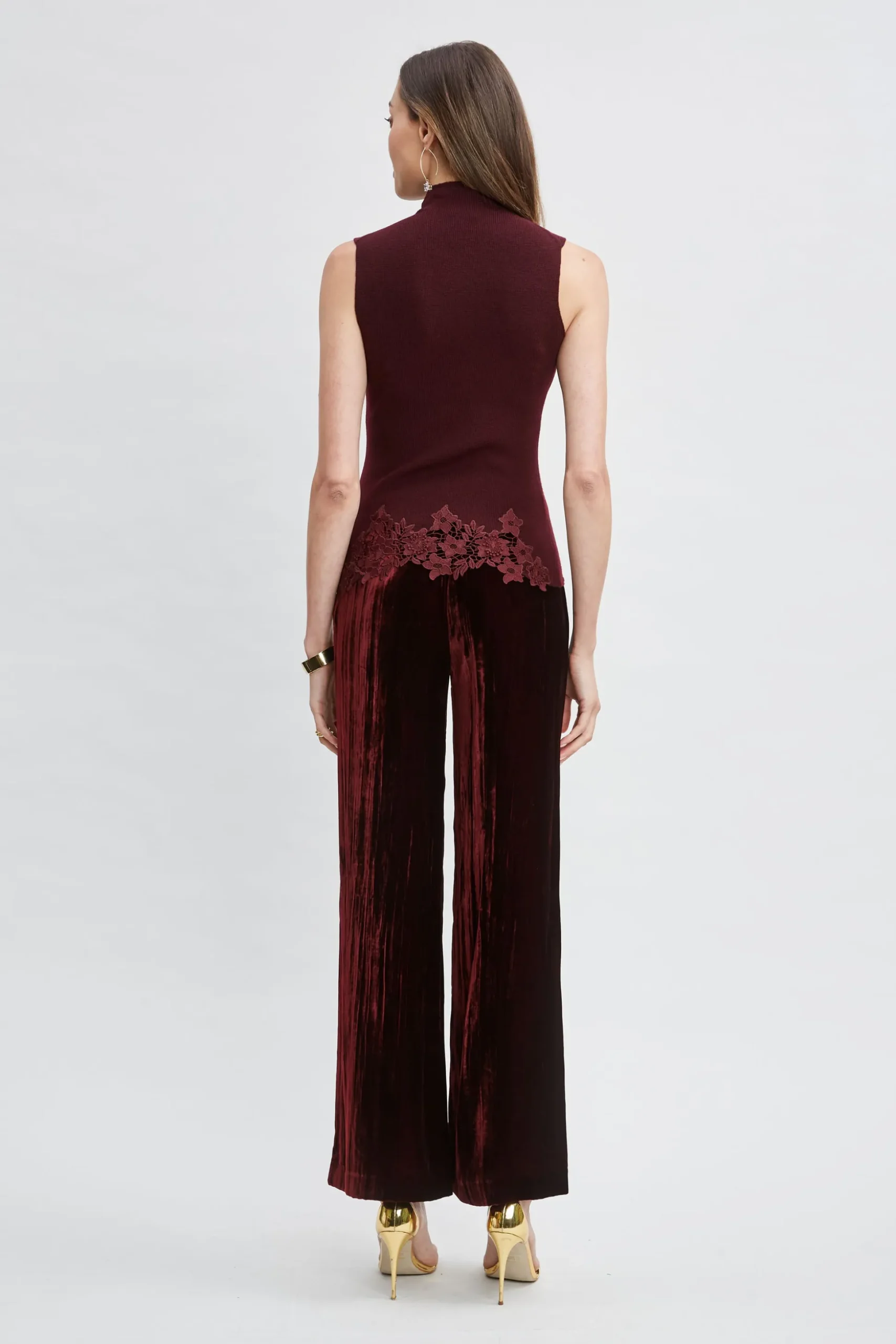 Elie Tahari Tops & Sweaters-Mock Neck Lace Hem Sleeveless Sweater MERLOT