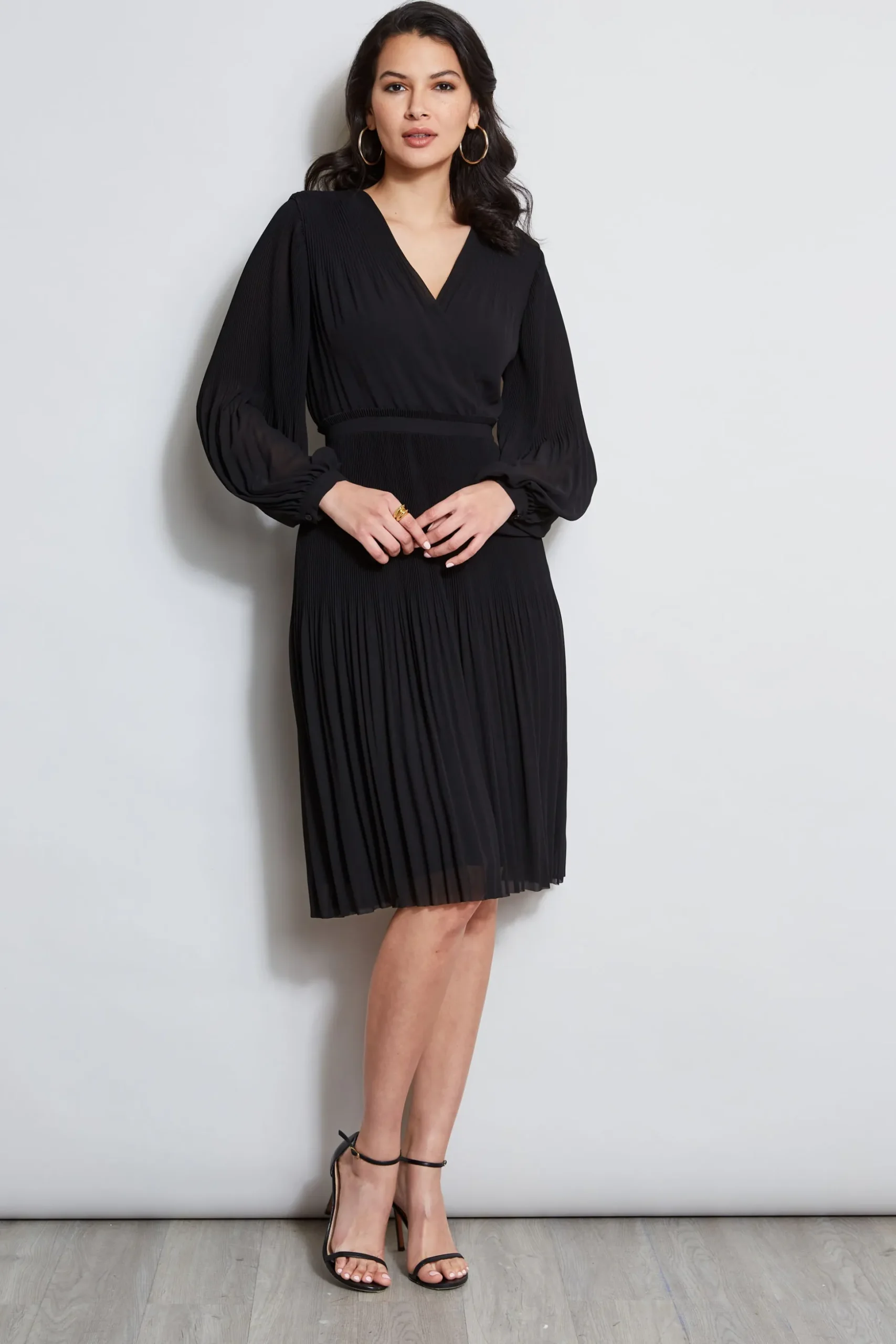 Elie Tahari Dresses & Jumpsuits|Long Sleeve Dresses-Mock Wrap Pleated Dress NOIR