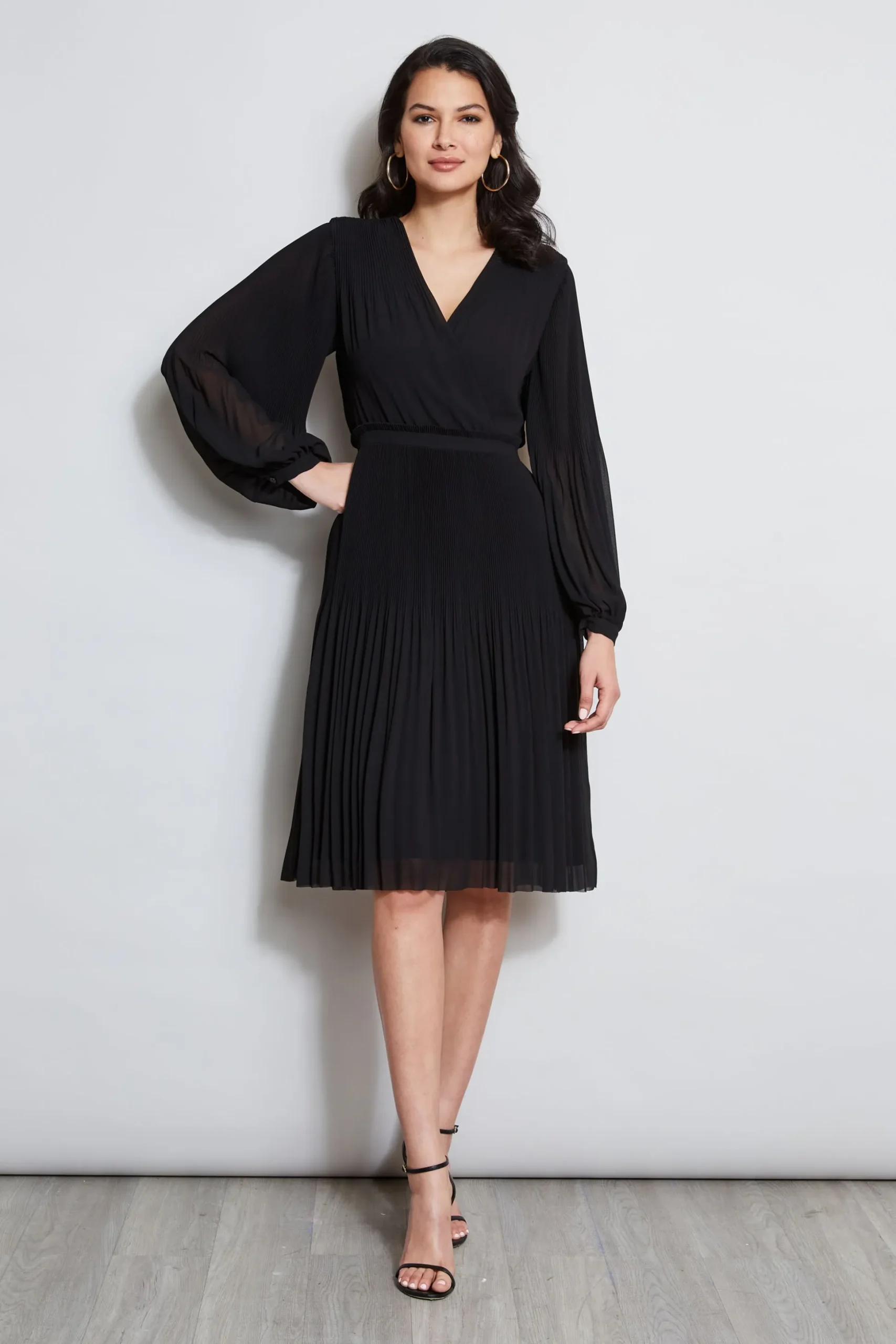Elie Tahari Dresses & Jumpsuits|Long Sleeve Dresses-Mock Wrap Pleated Dress NOIR