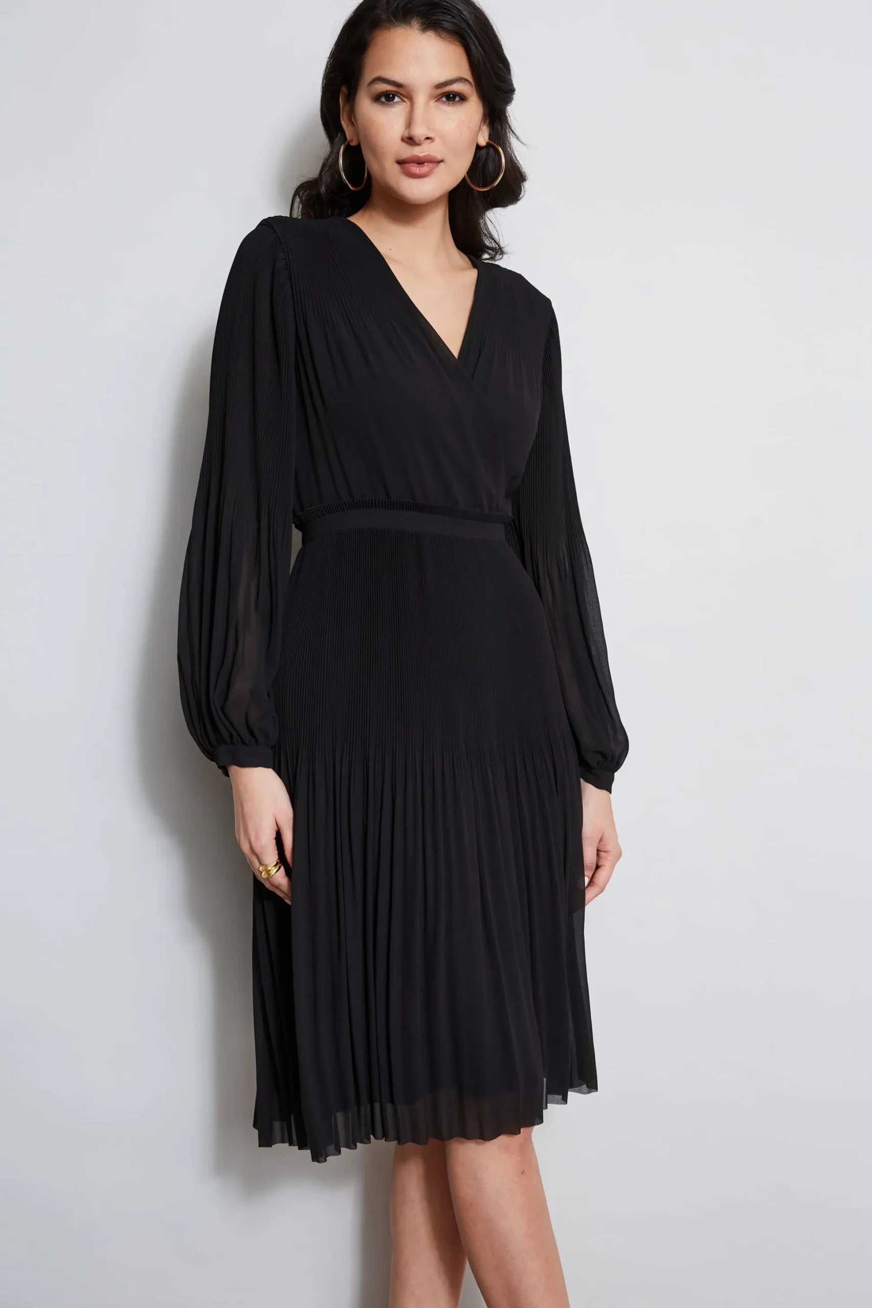 Elie Tahari Dresses & Jumpsuits|Long Sleeve Dresses-Mock Wrap Pleated Dress NOIR