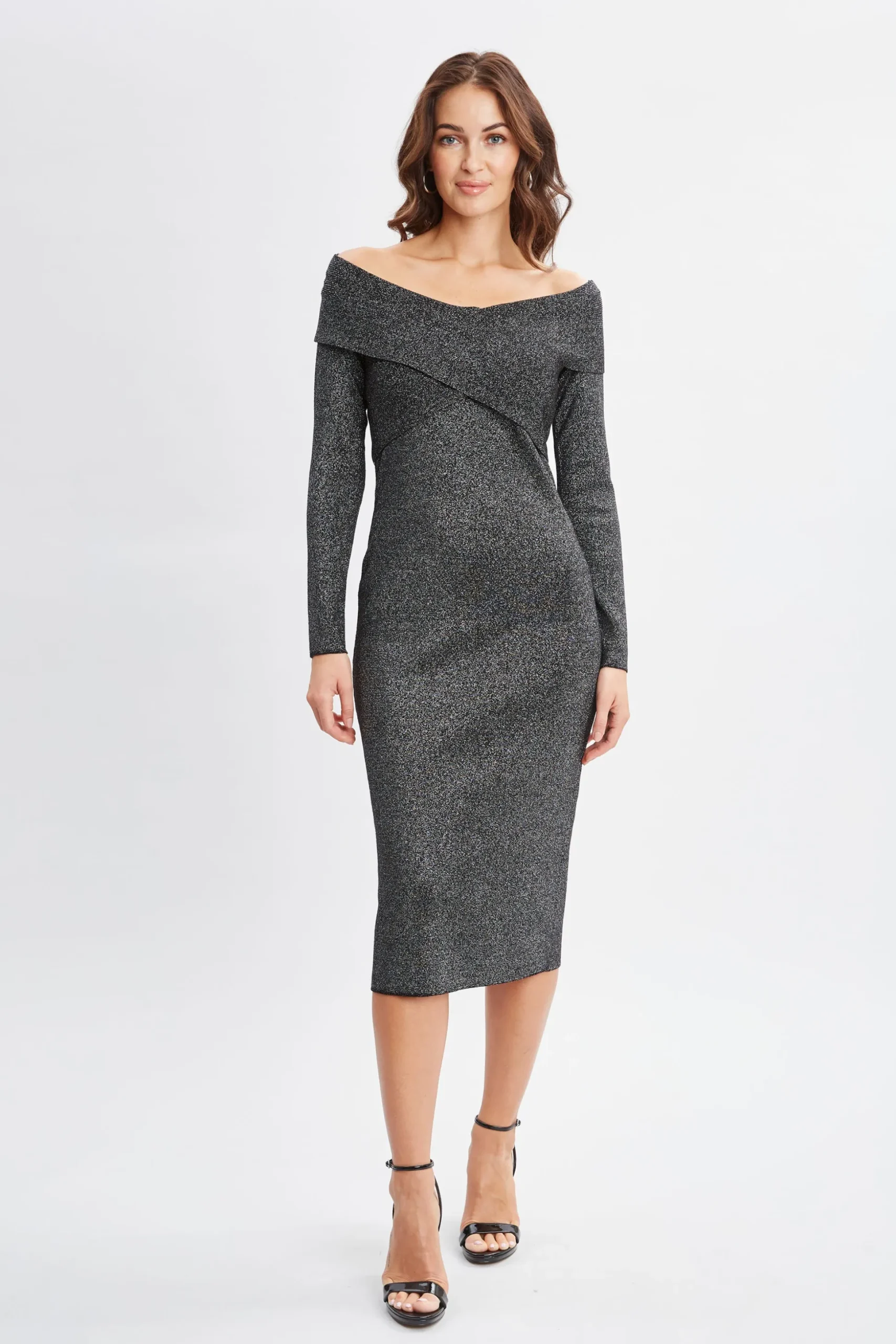 Elie Tahari Dresses & Jumpsuits-Off Shoulder Metallic Sweater Dress NOIRWITHSILVERLUREX