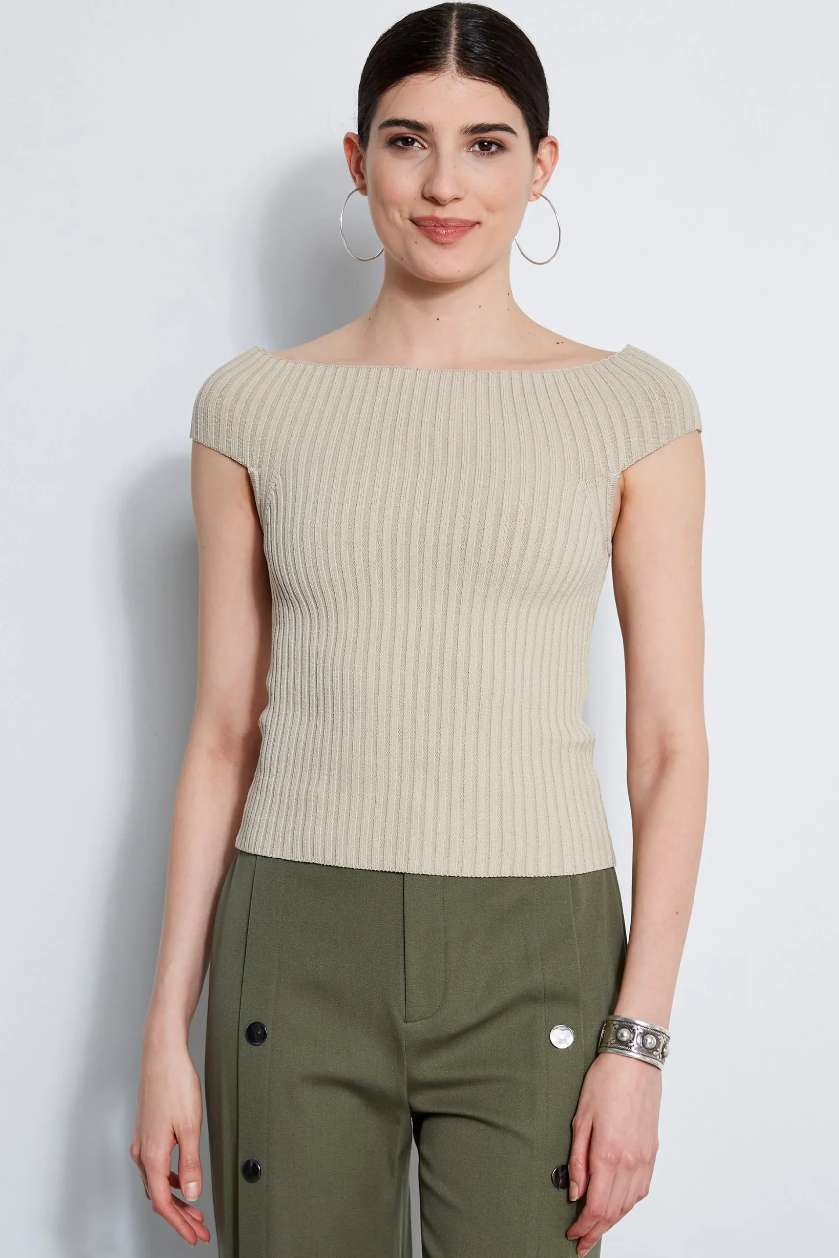Elie Tahari Tops & Sweaters-Off Shoulder Rib Sweater SAND