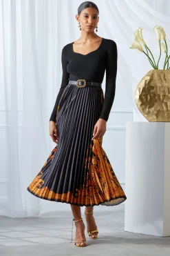 Elie Tahari Dresses & Jumpsuits-Paisley Pleated Midi Dress NOIR/GILDEDDREAMPRINT