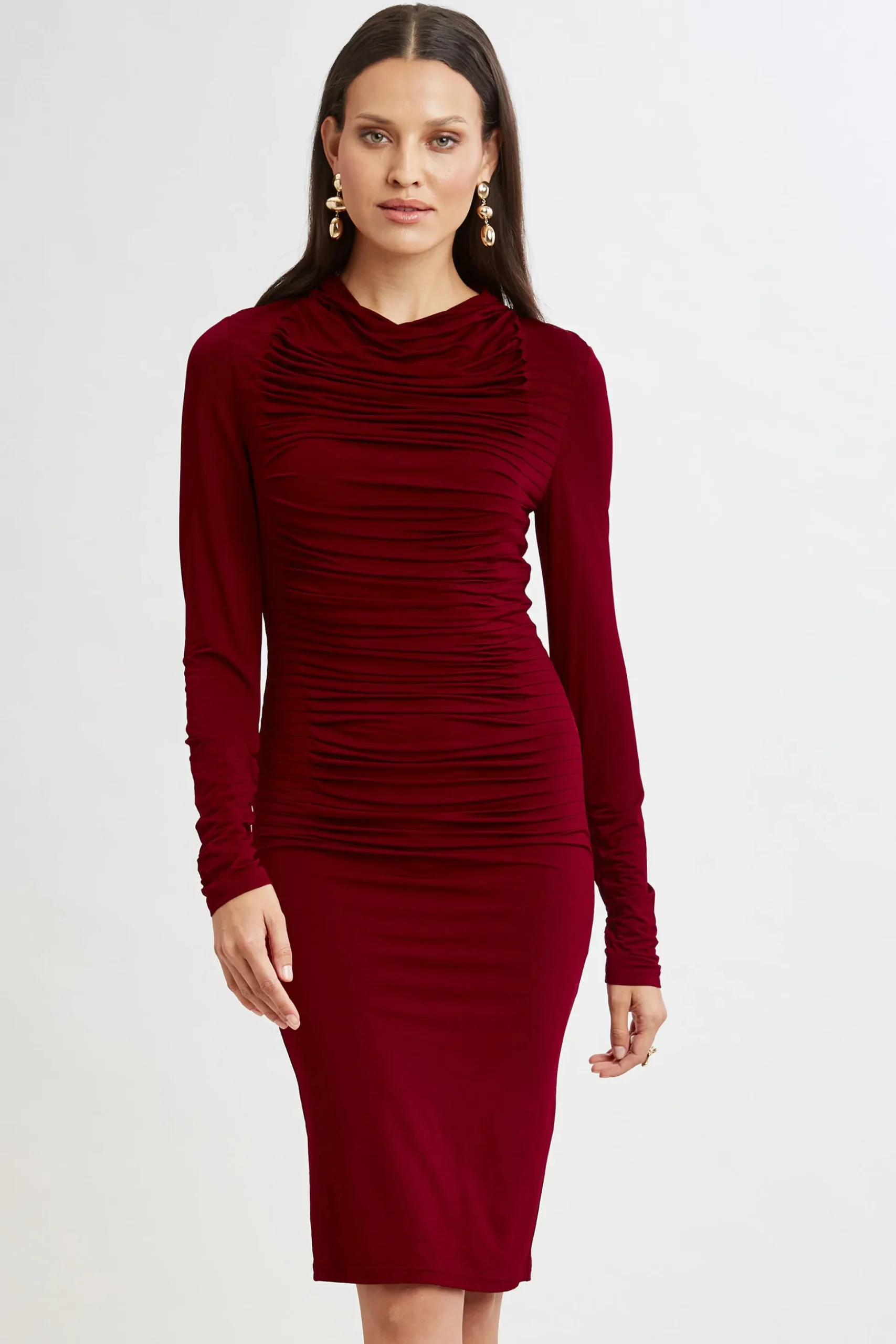 Elie Tahari Dresses & Jumpsuits|Long Sleeve Dresses-Pleat Detail Matte Jersey Dress SANGRIA