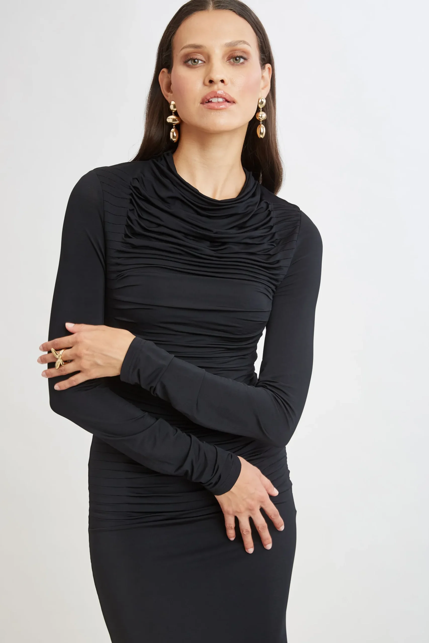 Elie Tahari Dresses & Jumpsuits|Long Sleeve Dresses-Pleat Detail Matte Jersey Dress BLACK