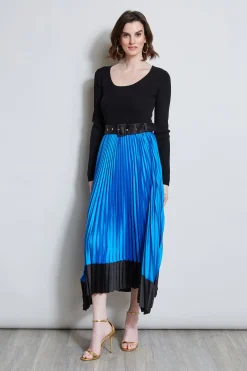 Elie Tahari Dresses & Jumpsuits|Midi Dresses-Pleated Belted Dress BLUEIVY/NOIR