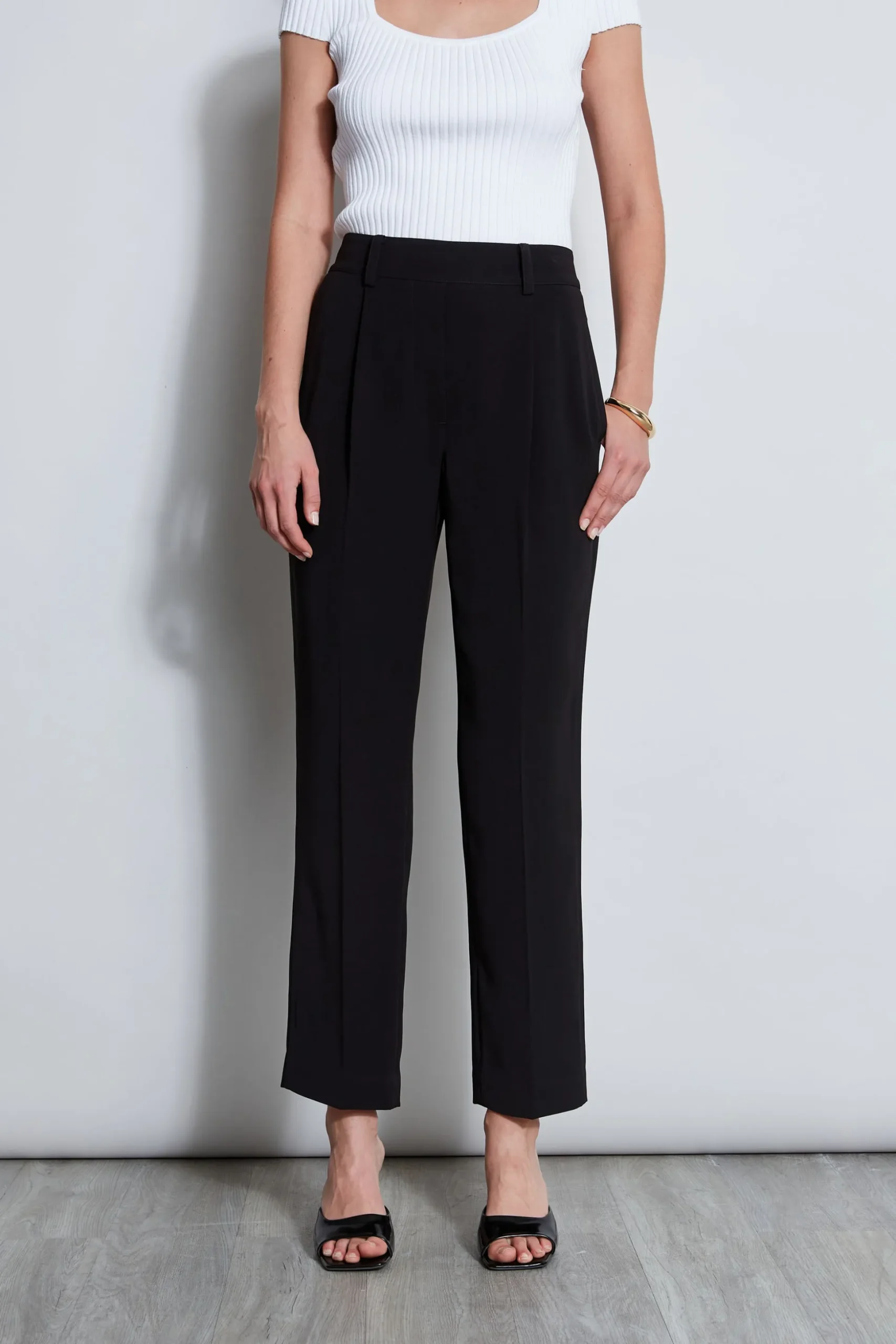 Elie Tahari Bottoms-Pleated Straight Leg Pull On Pant NOIR