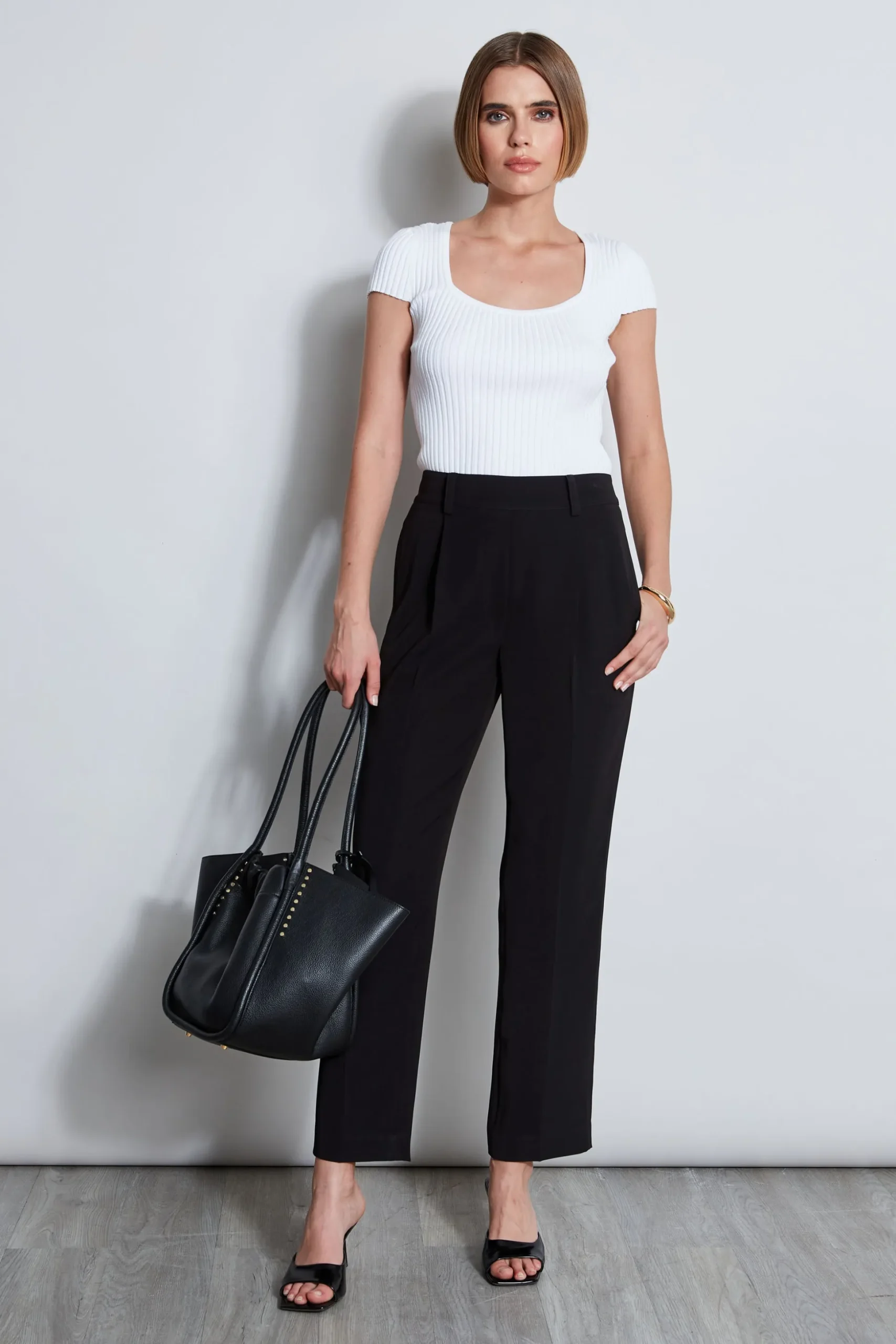 Elie Tahari Bottoms-Pleated Straight Leg Pull On Pant NOIR